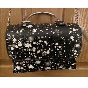 Vegan Small Black Purse w/
Celestial pattern. Crossbody Chain
Strap+Top Handle